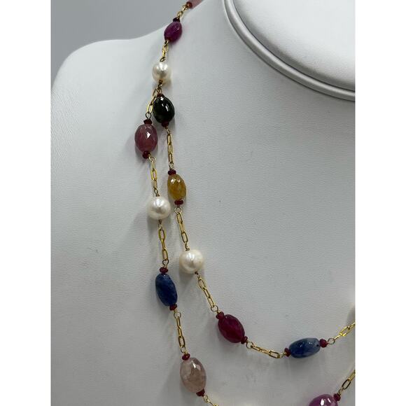 V Quartz Topaz Sapphire Citrine Freshwater Pearl Gold Vermeil Layer Necklace - Picture 14 of 15